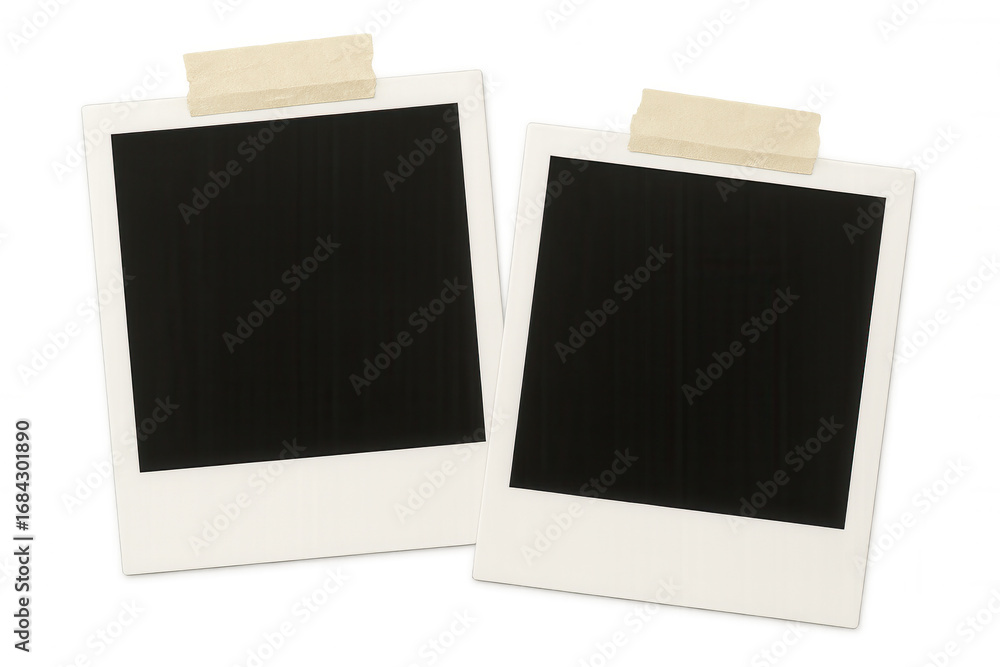 Poster pair of blank instant photo prints affixed to a clear surface using adhesive tape, offering a custom