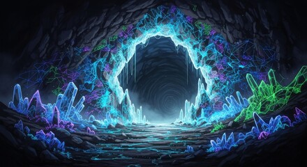 Mystical glow of subterranean cave with digital crystal formations and swirling portal