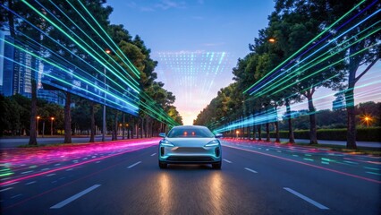 Cybersecurity in autonomous vehicles smart car neon light urban road night safety lidar sensor data flow surge with calm confidence
