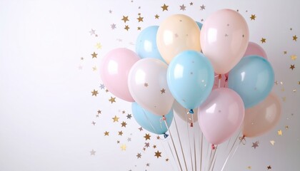Bunch of pastel balloons (pink, blue, yellow) with gold star confetti scattered on a white background creates a festive and celebratory mood