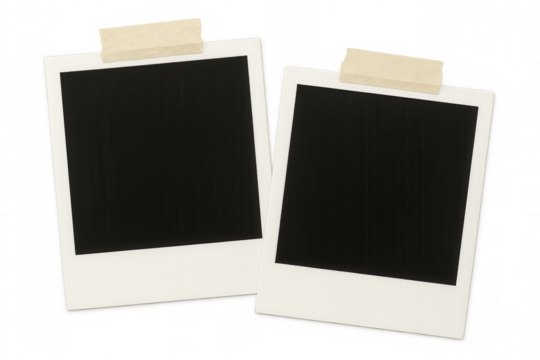Pair of blank instant photo prints affixed to a clear surface using adhesive tape, offering a customizable and retro-inspired setting