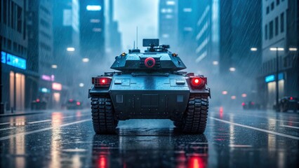 Cybersecurity in autonomous vehicles under rain armored vehicle urban street night wet asphalt headlights blue tone defense mood