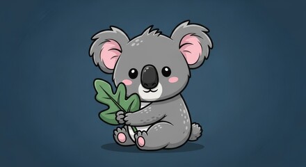 Naklejka premium Charming koala bear cub illustration with leaf against deep backdrop hue
