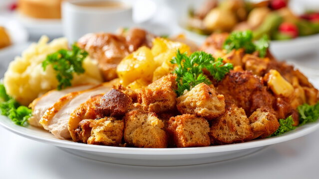 Thanksgiving dinner meal with family served on plate including stuffing mashed potato and roasted turkey for warm festive gathering