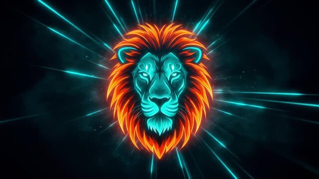 Fierce lion head glowing with neon blue and orange flames on dark background with energy rays. Animal design concept
