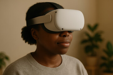 Young woman using virtual reality headset at home, exploring immersive digital experiences in a relaxed indoor environment