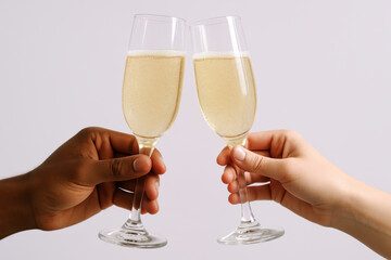Hands clinking champagne glasses together in celebration, diverse couple toasting with sparkling wine against neutral background