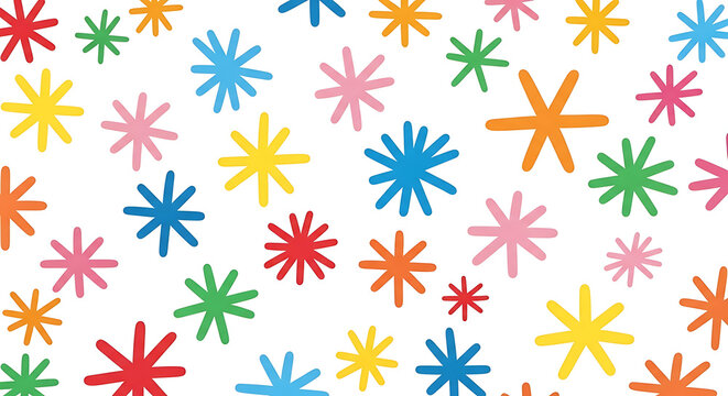 A vibrant and playful abstract background pattern featuring a scattered arrangement of colorful starburst shapes on a clean white surface
