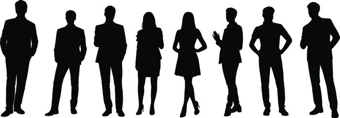Silhouette of confident business team standing in a row, professional group, diverse corporate people, modern office, teamwork concept, leadership, collaboration, success, business attire