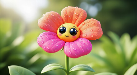 A whimsical flower with a cute face in a lush green field basking in the warm glow of the sun light rays