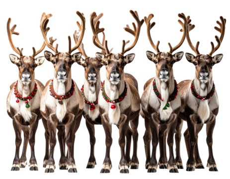 Santa’s Reindeer Group Standing in Line, Front View, Transparent PNG - Powered by Adobe