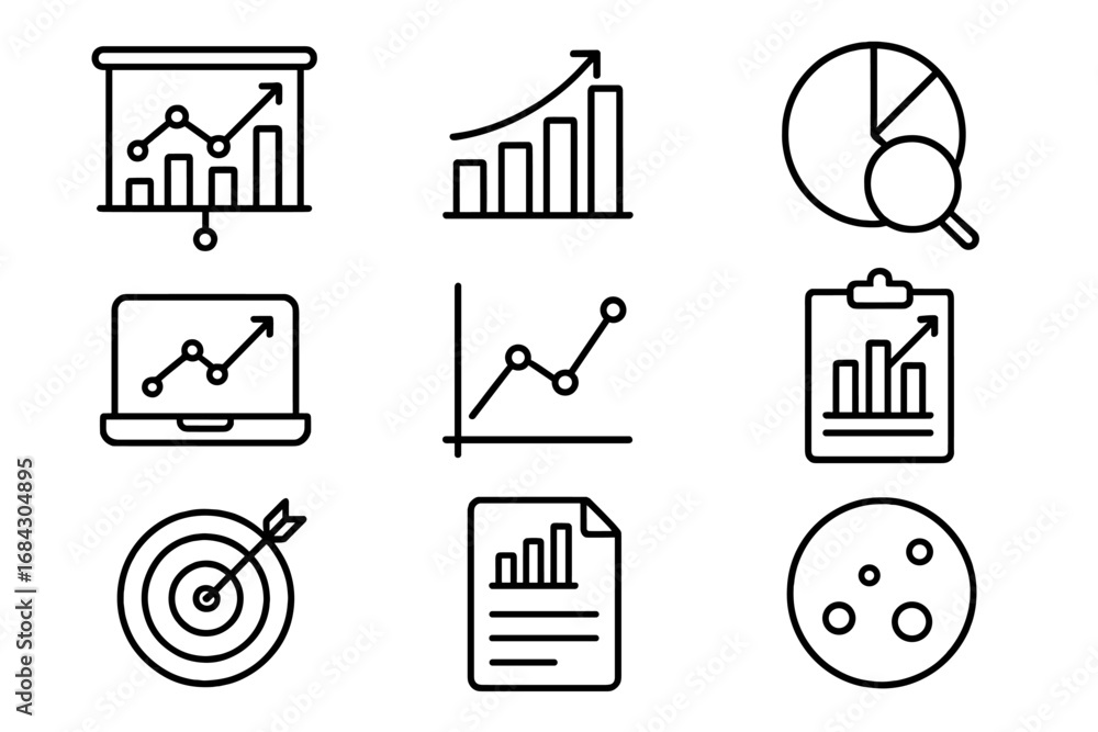 Aufkleber analytics and data line icon set for reports and charts visualization. vector business concept for g