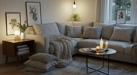 Cozy Living Room Interior with Sofa Candles and Decor.