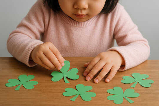 Child arranging green shamrock paper cutouts on wooden table, celebrating holiday with hands on educational craft activity