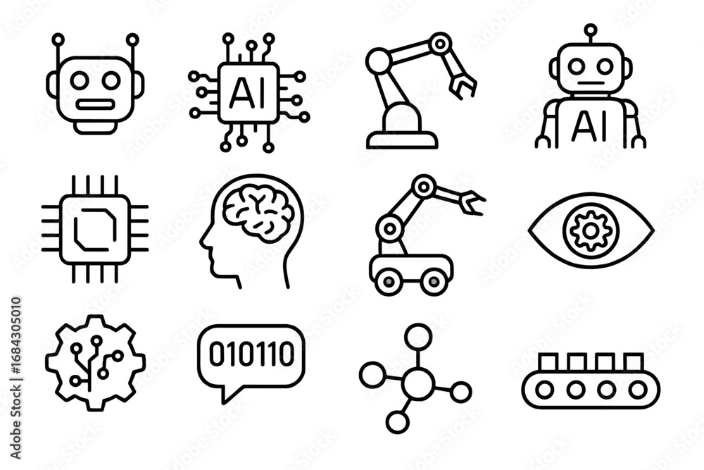 Poster robotics and ai technology outline icon collection. vector icons of artificial intelligence, machine
