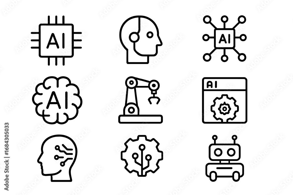 Poster artificial intelligence linear icon set. ai technology, automation, and machine learning line icons.