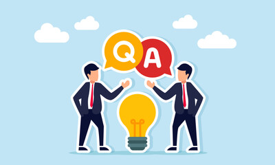 Two businessmen talking among light bulbs with chat dialog showing Q and A illustration of sharing ideas inspiration and business innovation