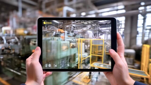 Hands holding a tablet showcasing an industrial factory interior with machinery and equipment