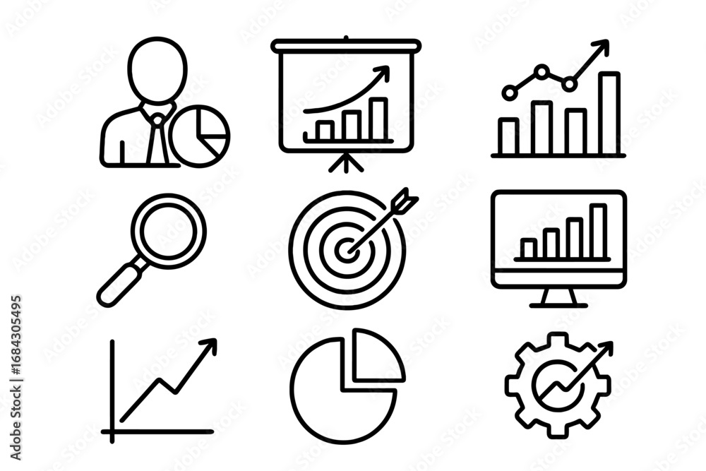 Poster business analytics outline icon set. performance chart, graph icons collection. for data analysis, m