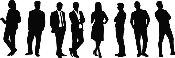 Silhouettes of business people standing in various poses, professional group, corporate team, teamwork concept, leadership, confident individuals, office workers, success, collaboration, communication