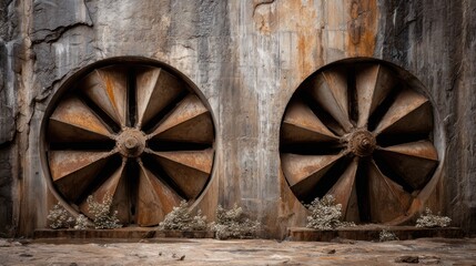 Large Rusty Industrial Fans on a Weathered Wall Surrounded by Nature's Resilience in an Abandoned Location