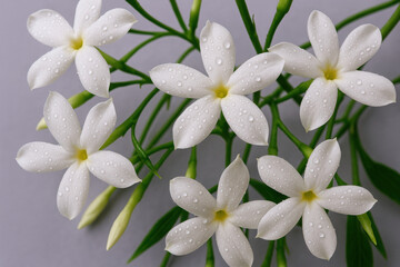 Obraz premium Fresh white plumeria flowers with dew drops on petals, arranged on gray background with green leaves and flower buds