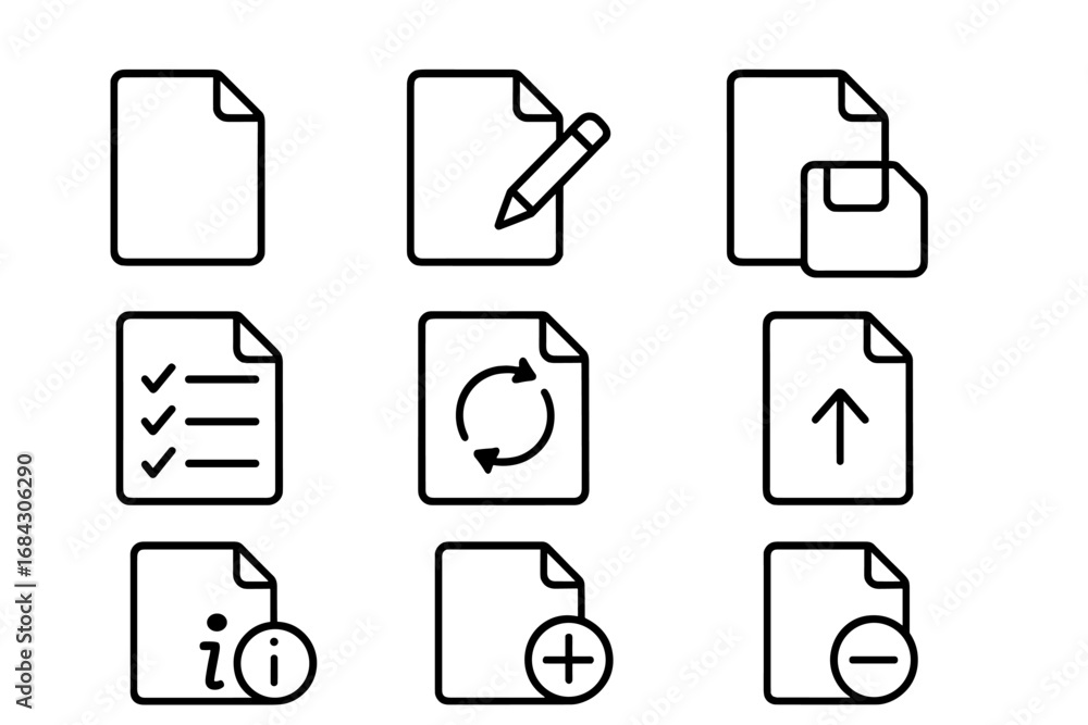 Aufkleber document and file line icon set. editable stroke icons for web and mobile apps. includes save, sync,