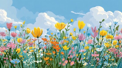 Vibrant spring meadow bursting with colorful wildflowers under a bright blue sky with fluffy clouds