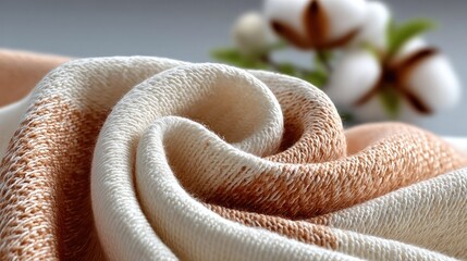 Fototapeta premium Soft Fabric with Delicate Flower: A close-up shot revealing the gentle texture and intricate weave of a luxurious fabric, artfully draped alongside a delicate blossom.