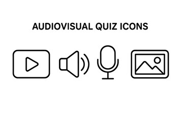 Audiovisual quiz icons set. Outline symbols for multimedia. Vector collection of video play button, audio speaker, microphone, and image pictogram for web, app, or game design.