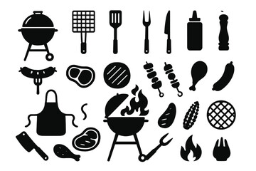 Barbecue grill silhouette icon set for a summer party. BBQ cooking elements collection with food, meat, and tools. Vector graphic for a picnic, cookout, or kitchen design.