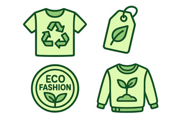 Eco-friendly fashion icon set for sustainable clothing. Recycled apparel, organic textile, and slow fashion symbols. Ethical consumerism and green lifestyle vector.