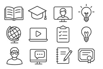 Education and e-learning outline icon set. Online training, remote study and webinar symbols. University, school and knowledge concept. Vector line art pictogram collection.