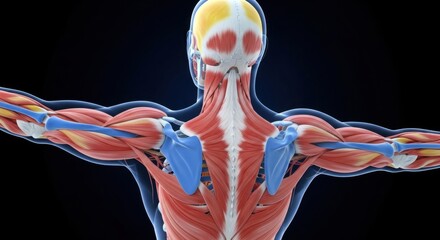 Anatomical illustration of human posterior shoulder muscles and bones