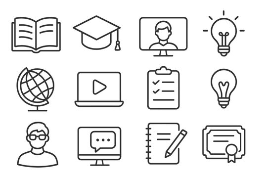 Education and e-learning outline icon set. Online training, remote study and webinar symbols. University, school and knowledge concept. Vector line art pictogram collection.