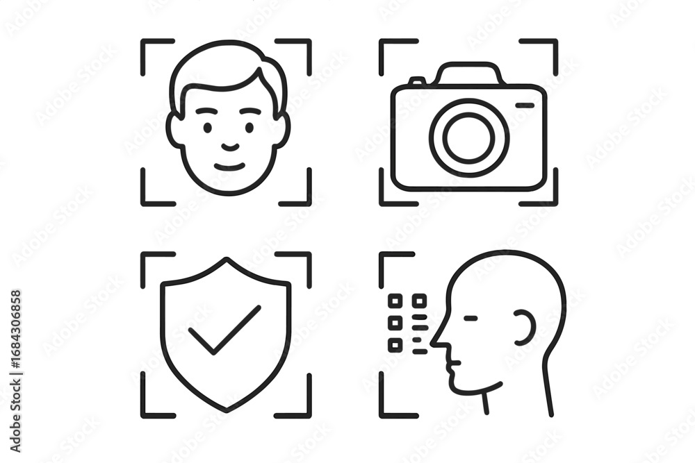 Aufkleber face recognition and biometric identification linear icon set. security technology for surveillance 