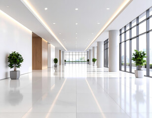 Fototapeta premium Modern office lobby interior design white floor and plants decoration