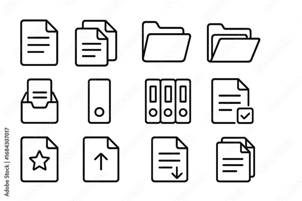 Poster file management line icon set. document organization, data storage, and archive icons collection. ve