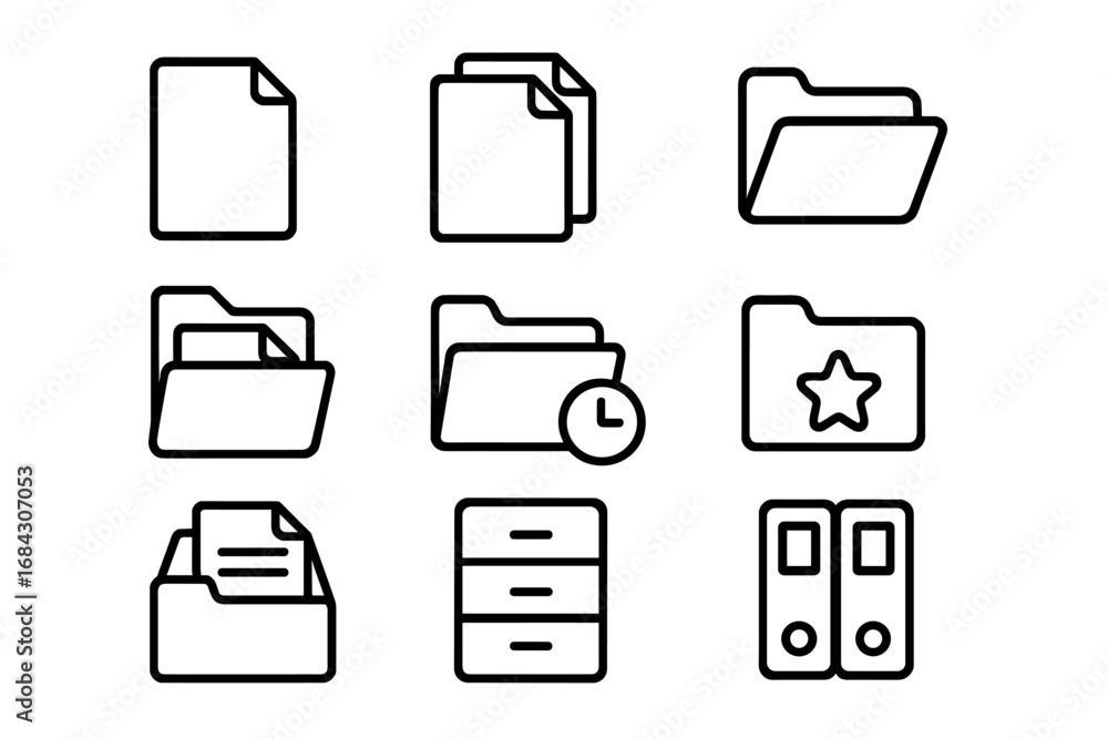 Poster file management line icon set. business document organization and data storage symbols. office paper