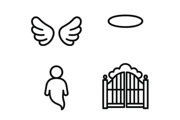 Afterlife and heaven outline icon set. Simple vector icons of angel wings, halo, spirit, and heavenly gates. Soul, death, religion, and spiritual beliefs concept illustration.
