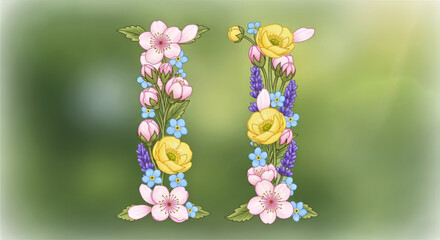 Floral letter i design with pink cherry blossoms yellow roses and blue forget me nots on a green background