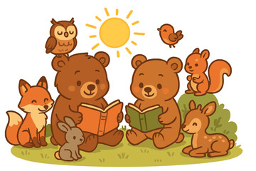Cute woodland animals reading books together in nature. Cartoon vector illustration of bear, fox, deer, and squirrel learning. Concept for education, friendship, and children's stories.