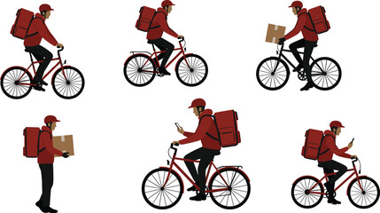 Food delivery cyclists with backpacks, courier service on bicycles, delivery man riding bike with parcel, logistics illustration vector, express shipping, courier work design
