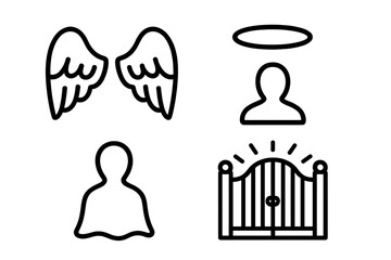 Afterlife beliefs outline icon set. Angel wings, halo, spirit silhouette, heavenly gates, and soul icons. Vector symbols for death, religion, heaven, and paradise concept.