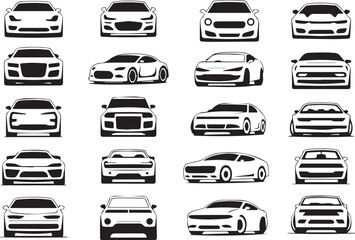 black and white car icons vector set featuring 20 stylized car silhouettes in grid layout for automotive design projects