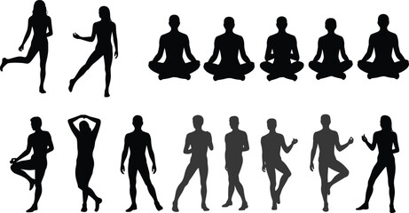 Silhouettes of diverse men and women in various yoga, meditation, and fitness poses, healthy lifestyle, balance, mindfulness, flexibility, strength, wellness, body movement