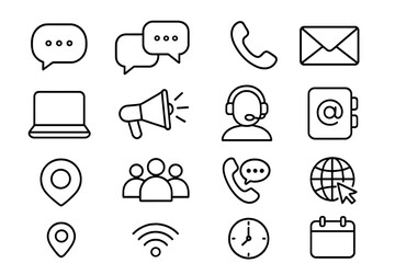 Communication and contact us icon set. Thin line vector icons for web, business, and office essentials. Includes message, call, mail, location, team, and schedule symbols.