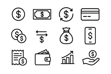 Finance and payment line icon set. Money, currency, and transaction symbols. Banking, investment, and savings outline icons. Vector business and economy concept collection.