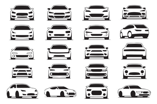monochrome car icon pack with 20 front and angle view silhouettes perfect for vehicle branding ui ux and design mockups