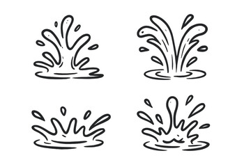Monochrome water splash icons set. Hand drawn doodle liquid drops collection. Simple sketch of aqua motion. Splashing fluid, water drops & puddle spray symbols. Vector graphic.